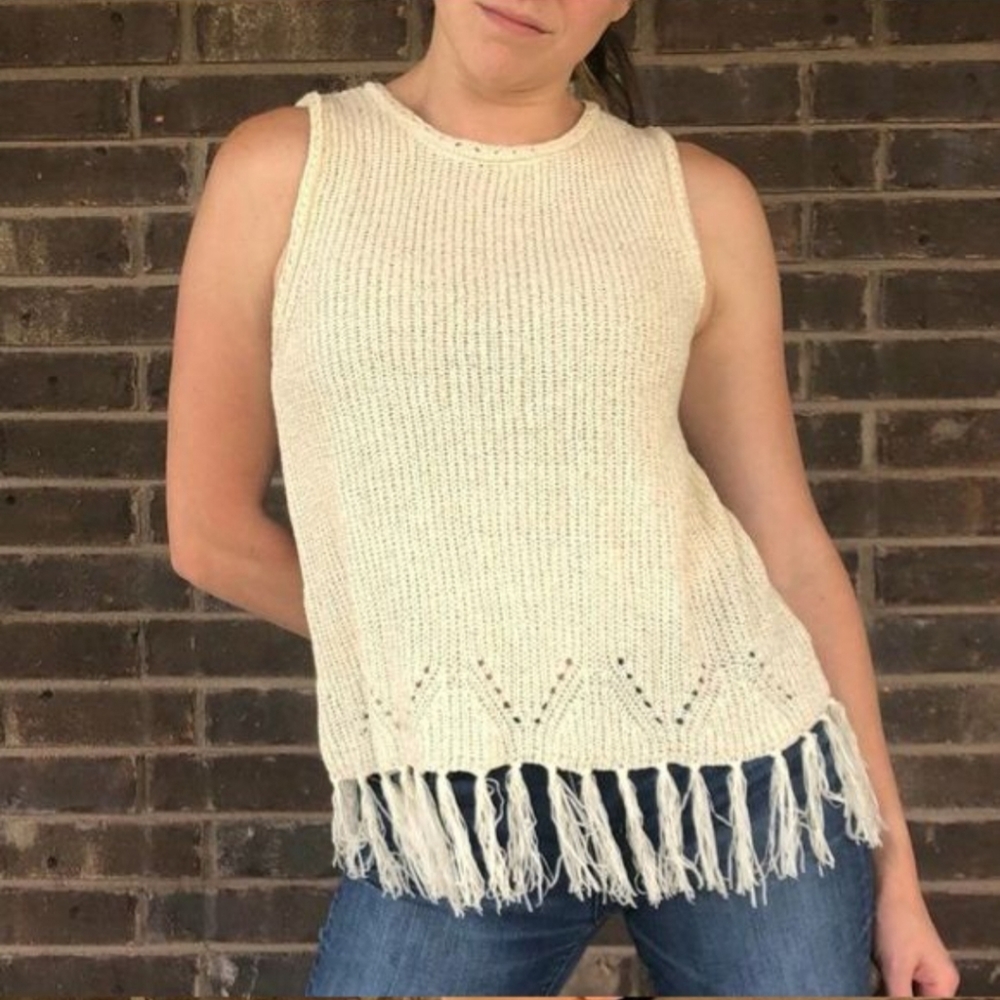 NWOT Anthropolgie Pepin cream Crochet Knit Fringe Tank Size M